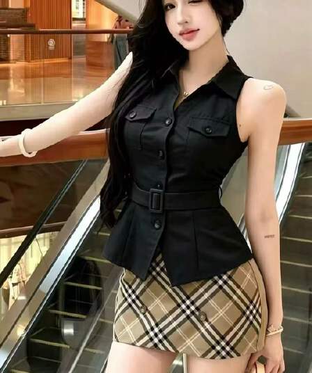 새로운 몸매 가꾸기 슬림해 보이는 디자인 센스 영국식 바람 핫걸 행침 목 민소매 맨위 체크무늬 반신 미니 스커트 세트