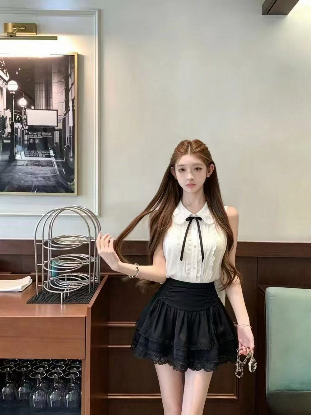 새로운 프랑스식 궁정 바람 프릴 민소매 베이비 칼라 셔츠 하이웨이스트 슬림해 보이는 반신 치마 세트