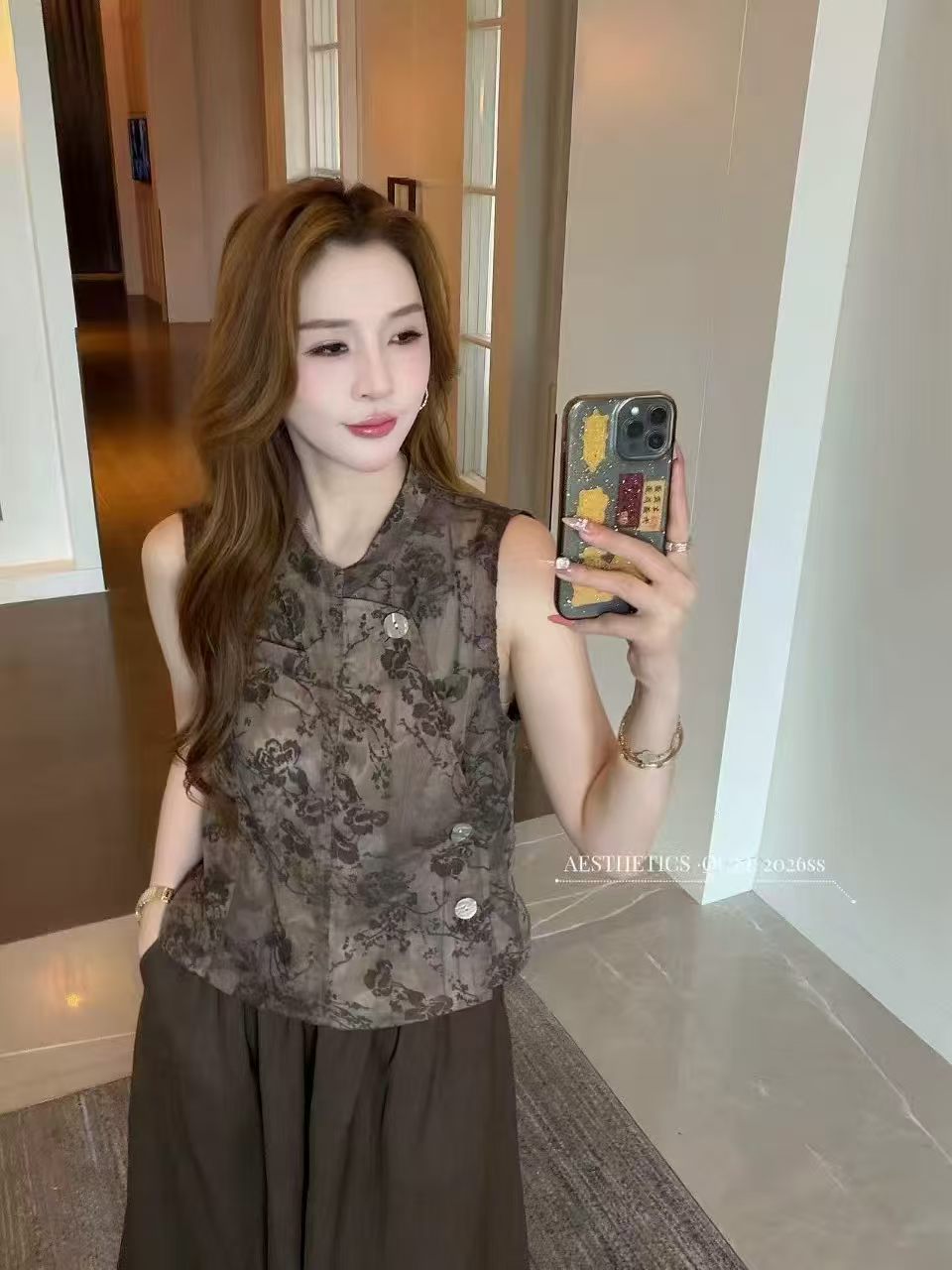 새로운 중식 레트로 국풍 자카드 베스트 허리밴드 와이드 레그 팬츠 투피스 세트
