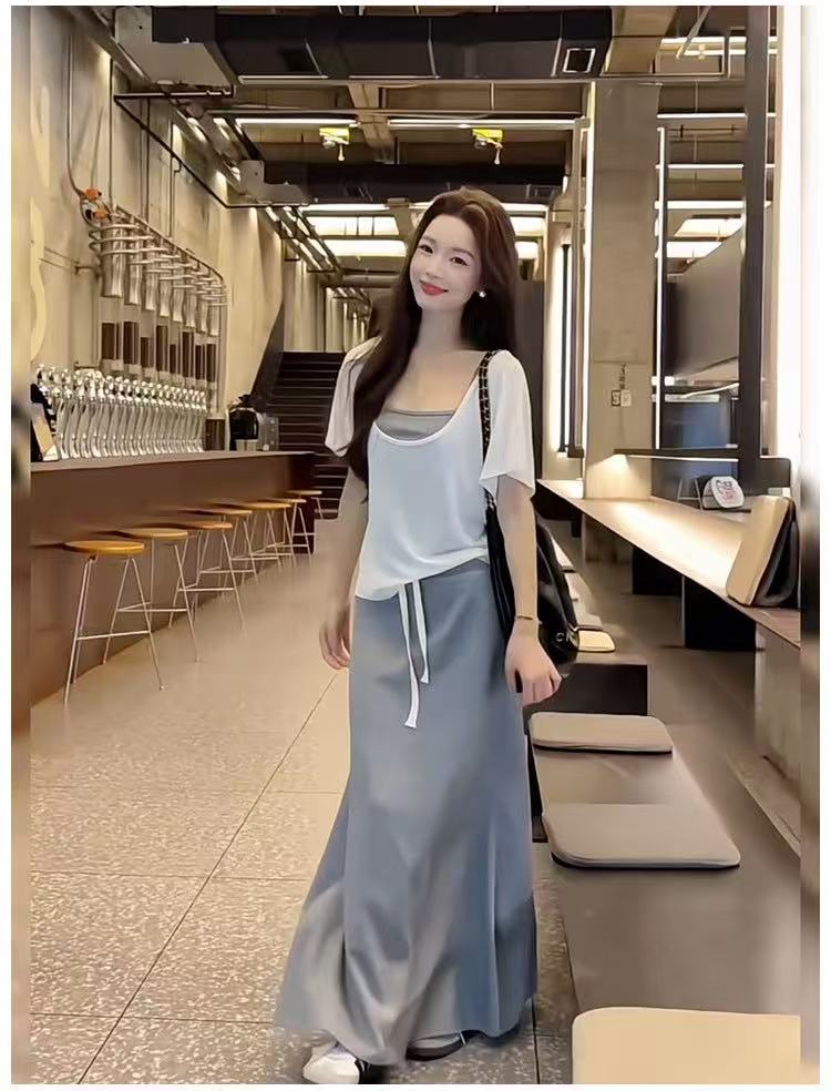 새로운 느긋한 바람 디자인 센스 마이크로 ~을 통해 블라우스 조끼 허리밴드 펌프 로프 반신 스커트 3 세트