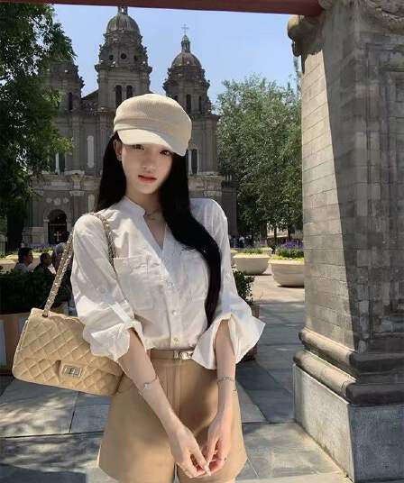 새로운 패션 한 부서 자연 면 화이트 주머니 셔츠 하이웨이스트 슬림해 보이는 반바지 벨트 3 세트
