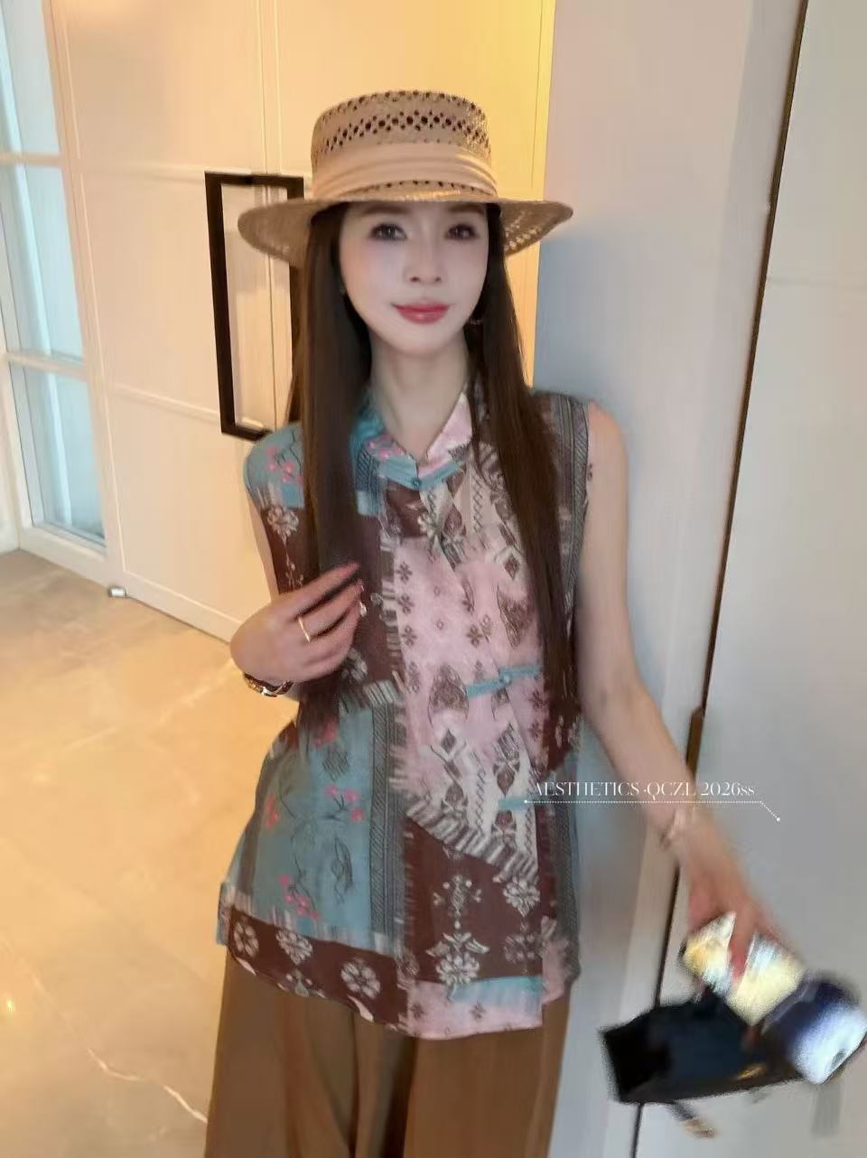 새로운 중식 스탠드 칼라 단추 국풍 조끼 맨위 허리밴드 와이드 레그 팬츠 투피스 세트