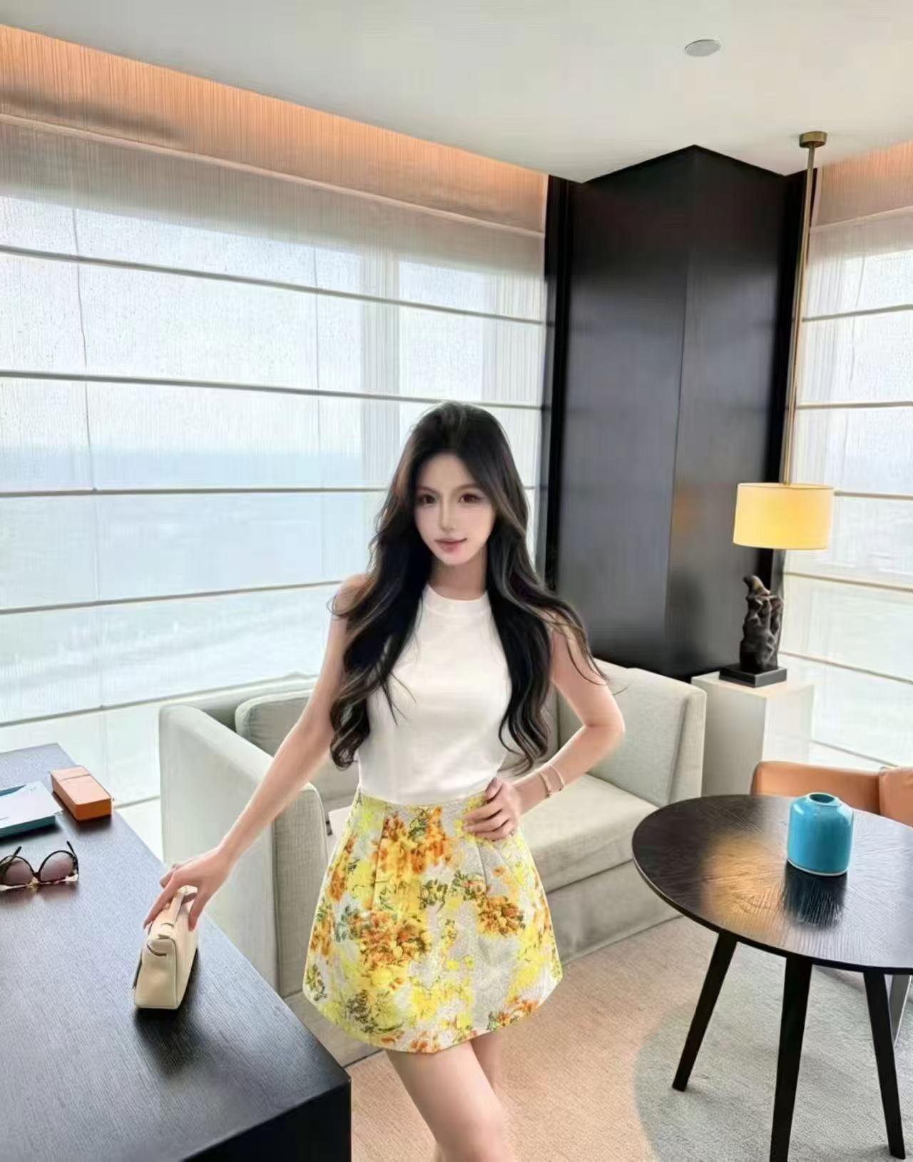 새로운 패션 프랑스식 명문 여성 바람 미니멀리즘 민소매 맨위 하이웨이스트 핫걸 프린트 반신 치마 세트