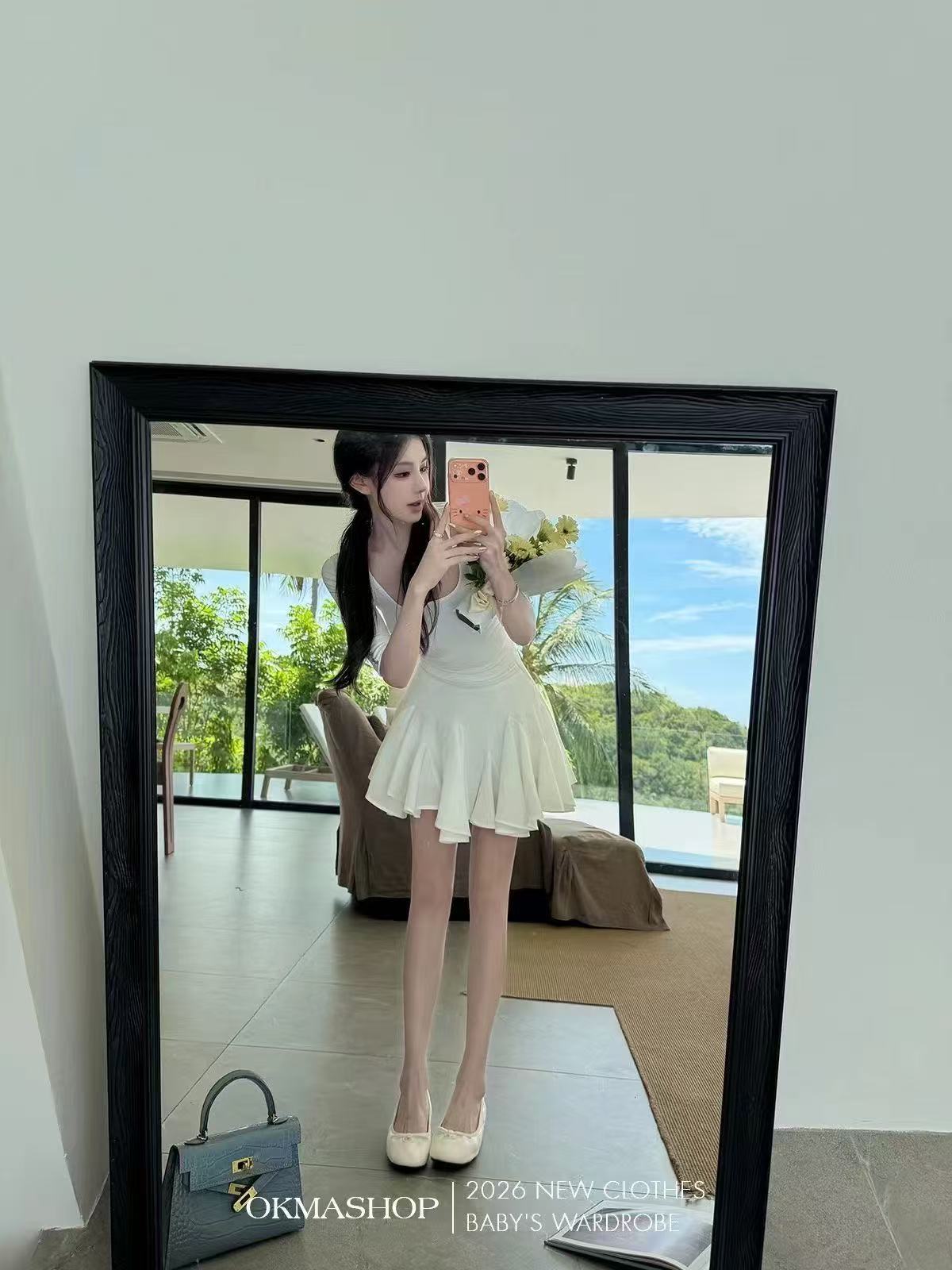 새로운 u 칼라 미니멀리즘 품격 몸매 가꾸기 중간 소매 단추 맨위 허리밴드 프린트 반신 치마 세트