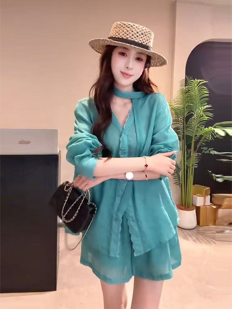 새로운 패션 프랑스식 부드러운 바람 V넥 자외선 차단 셔츠 허리밴드 반바지 리본 3 세트