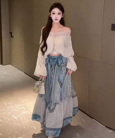 새로운 프랑스식 품격 아름다운 휴가 바람 레이스 조각 셔츠 허리밴드 프린트 반신 스커트 투피스 세트