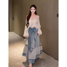 批发新款法式气质绝美度假风蕾丝拼接衬衫+松紧腰印花半身裙两件套