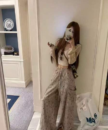 새로운 느긋한 느슨함 센스 얇은 스타일 홀로우 아웃 오픈 가디건 슬립 허리밴드 꽃무늬 와이드 레그 팬츠 3종 세트