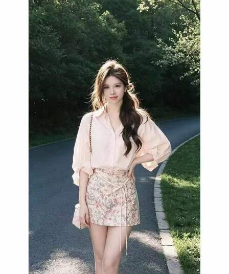 새로운 순수한 욕망 바람 핫걸 레트로 섹시함 폴로 칼라 긴팔 셔츠 하이웨이스트 꽃무늬 반신 스커트 투피스 세트