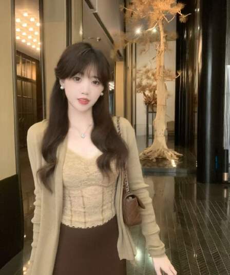 새로운 한국 스타일 패션 느긋한 바람 오픈 가디건 레이스 조끼 허리밴드 반신 롱 스커트 3종 세트