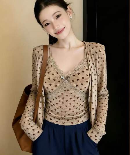 새로운 순수한 욕망 품격 나비 매듭 도트 무늬 패치워크 레이스 레이스 도트 무늬 오픈 가디건 투피스 세트