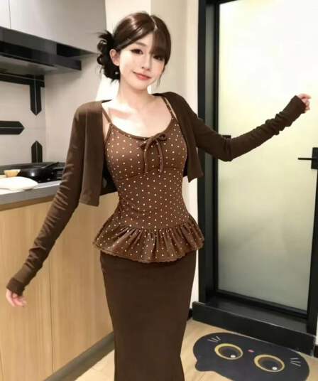 새로운 한 부서 분위기 센스 짧은 오픈 가디건 달콤한 매운맛 도트 무늬 슬립 허리밴드 반신 롱 스커트 3종 세트