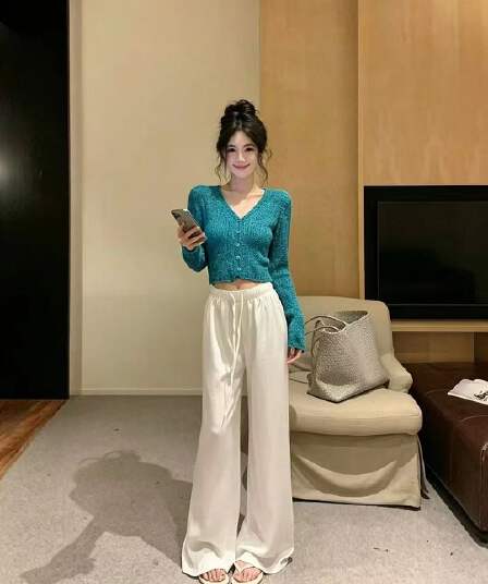 새로운 한국 스타일 패션 V넥 공작 블루 스웨터 오픈 가디건 허리밴드 슬림해 보이는 패션 캐주얼 투피스 세트