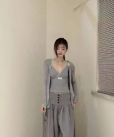 새로운 한국 스타일 패션 품격 핫걸 슬립 자외선 차단 오픈 가디건 하이웨이스트 와이드 레그 팬츠 3종 세트