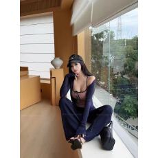 批发新款辣妹收腰吊带背心+短款长袖开衫+松紧腰系带休闲裤三件套