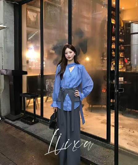 새로운 프랑스식 코치 출퇴근 V넥 도트 무늬 셔츠 하이웨이스트 도루 센스 캐주얼 바지 방귀 커튼 3 세트