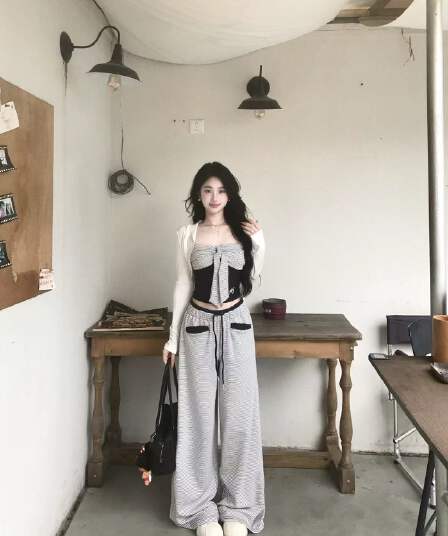새로운 패션 느긋한 바람 튜브탑 자외선 차단 오픈 가디건 허리밴드 스트라이프 캐주얼 긴 바지 3종 세트