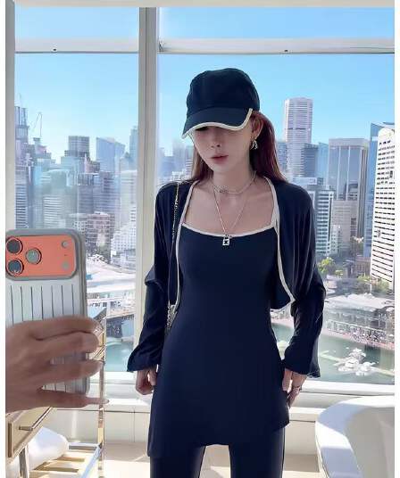 새로운 느긋한 바람 숨기기 긴팔 루즈핏 오픈 가디건 캐미솔 허리밴드 부츠컷 바지 3종 세트