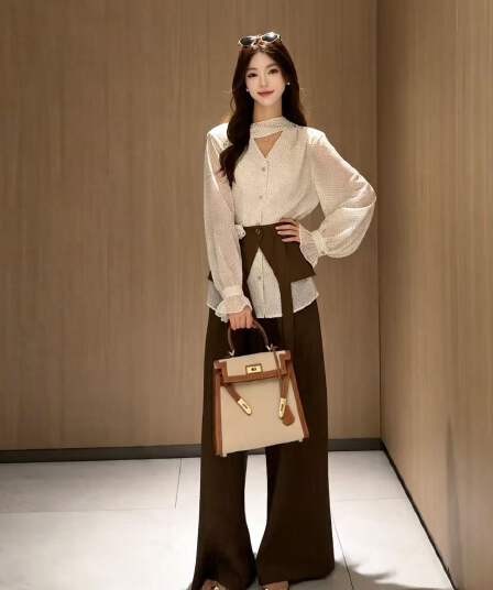 새로운 프랑스식 코치 출퇴근 V넥 도트 무늬 셔츠 하이웨이스트 도루 센스 캐주얼 바지 방귀 커튼 3 세트
