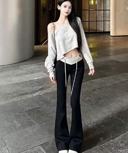 새로운 한국 스타일 패션 기초 섹션 게으른 바람 오프숄더 짧은 티셔츠 하이웨이스트 패치워크 모델 작업자 바지 세트