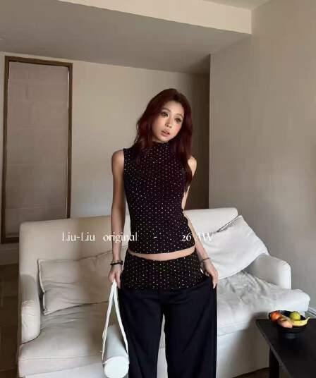 새로운 한국 스타일 패션 몸매 가꾸기 도트 무늬 민소매 조끼 하이웨이스트 패치워크 와이드 레그 팬츠 세트