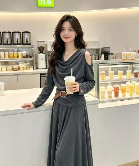 새로운 패션 느긋한 바람 말뚝 더미 칼라 오프숄더 긴팔 맨위 허리밴드 반신 벨트 3 세트