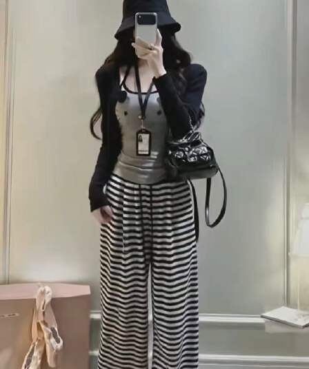새로운 한국 스타일 패션 몸매 가꾸기 자외선 차단 의류 만화 슬립 허리밴드 스트라이프 캐주얼 바지 3종 세트