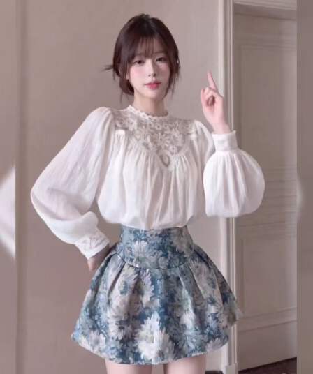 새로운 달콤함 우아함 바람 무거운 작업 자수 레이스 레이스 셔츠 하이웨이스트 꽃무늬 반신 치마 세트