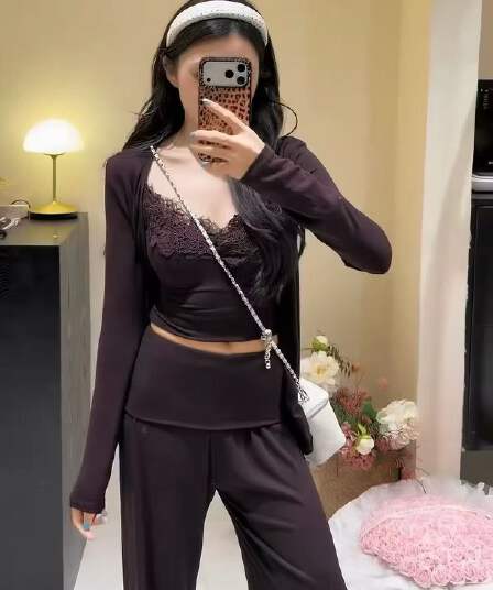 새로운 품격 패션 다용도 오픈 가디건 레이스 슬립 허리밴드 페이크 레이어드 와이드 레그 팬츠 3종 세트