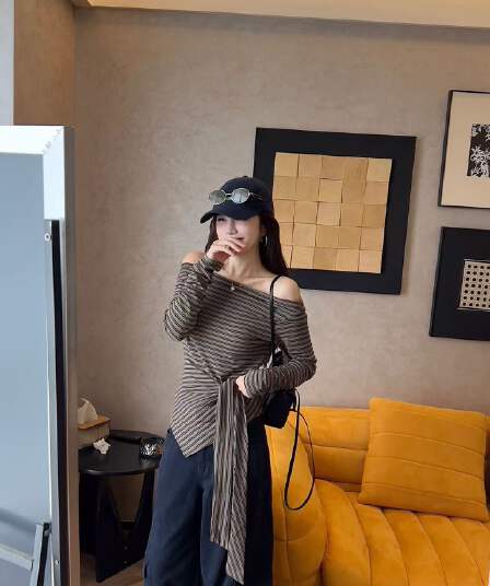 새로운 패션 연령 감소 캐주얼 비스듬한 어깨 동점 매듭 스트라이프 긴팔 맨위 하이웨이스트 워크웨어 캐주얼 바지 세트