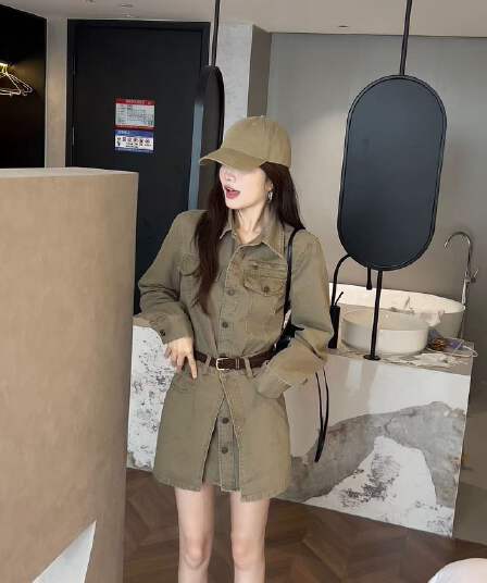 새로운 패션 슈퍼 잘 생긴 레트로 POLO 칼라 데님 롱 코트 셔츠 방귀 커튼 벨트 3 세트