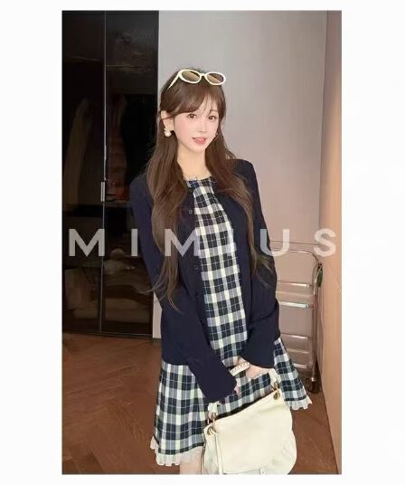 새로운 한 부서 레트로 패션 라운드 넥 부드러운 바람 다용도 니트 스웨터 체크무늬 드레스 투피스 세트