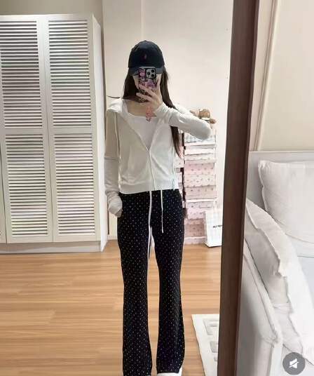 새로운 핫걸 후드 V넥 지퍼 오픈 가디건 슬립 허리밴드 도트 무늬 캐주얼 바지 3 세트