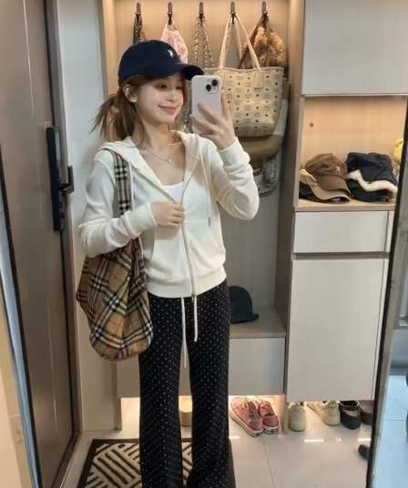 새로운 핫걸 후드 V넥 지퍼 오픈 가디건 슬립 허리밴드 도트 무늬 캐주얼 바지 3 세트