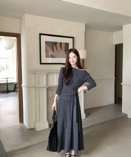 새로운 한국 스타일 패션 분위기 센스 품격 레이스업 긴팔 맨위 허리밴드 반신 치마 세트