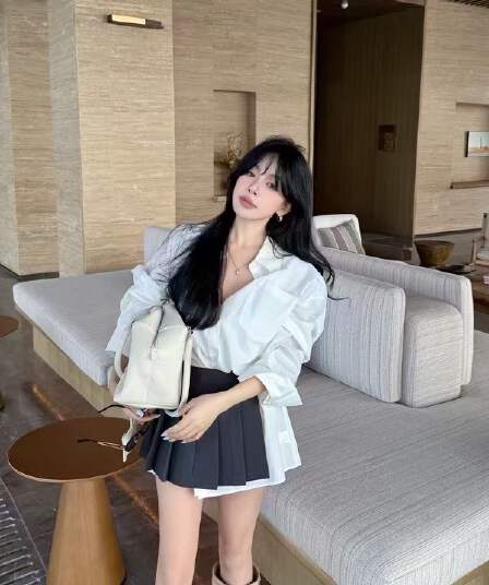 새로운 한 부서 학원 스타일 품격 느긋한 루즈핏 긴팔 셔츠 플리츠 스커트 허리 인감 치마 투피스 세트