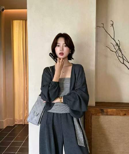 새로운 한국 스타일 패션 스트랩 스트라이프 슬립 허리밴드 와이드 레그 팬츠 배트윙 소매 오픈 가디건 3종 세트
