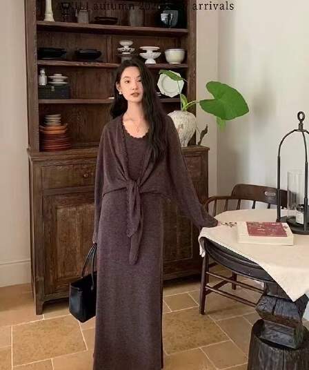 새로운 한국 스타일 패션 레이스 스트랩 오픈 가디건 조끼 원피스 투피스 세트