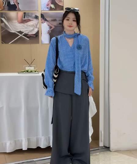 새로운 프랑스식 코치 출퇴근 V넥 도트 무늬 셔츠 하이웨이스트 도루 센스 캐주얼 바지 방귀 커튼 3 세트