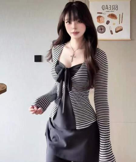 새로운 한국 스타일 패션 긴팔 자외선 차단 오픈 가디건 나비 매듭 슬립 허리밴드 부츠컷 바지 3종 세트