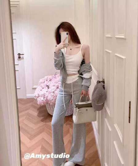 새로운 한국 스타일 패션 배색 후드 오픈 가디건 슬립 허리밴드 패치워크 색상 캐주얼 바지 3 세트