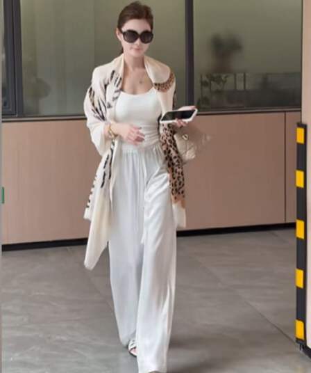한 스타일 느긋한 바람 몸매 가꾸기 순수한 욕망 슬립 허리밴드 아세트산 긴 바지 표범 프린트 숄 3종 세트