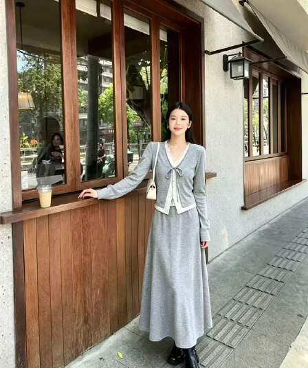 새로운 달콤함 분위기 센스 레이스 조각 페이크 레이어드 레이스업 작은 셔츠 허리밴드 반신 치마 세트