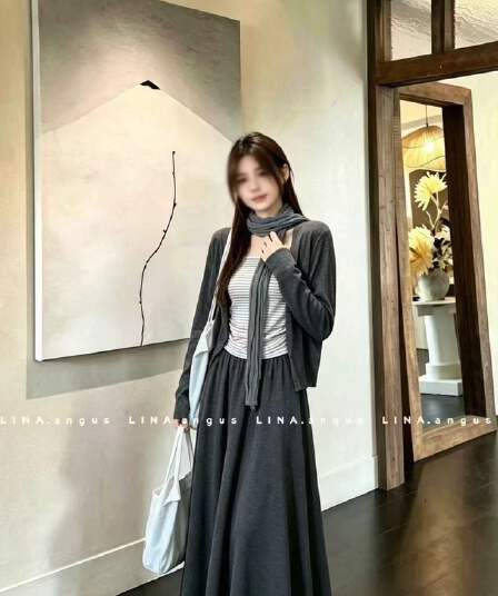 새로운 한국 스타일 패션 품격 오픈 가디건 스트라이프 조끼 허리밴드 반신 스커트 스카프 4 세트