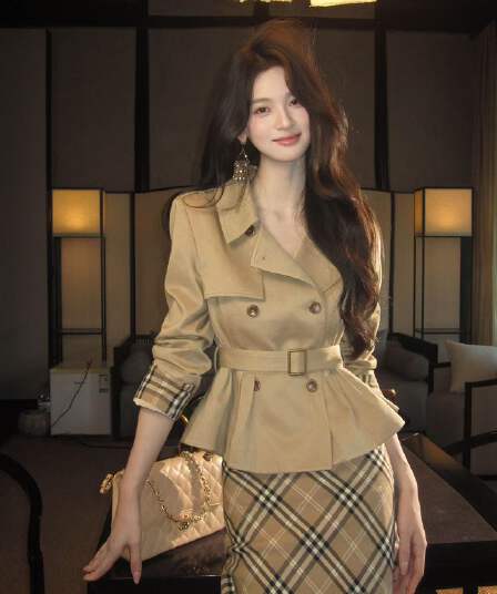 새로운 한국 스타일 패션 레트로 쇼트 스타일 허리 수축 재킷 재킷 하이웨이스트 체크무늬 타이트 스커트 반신 스커트 투피스 세트