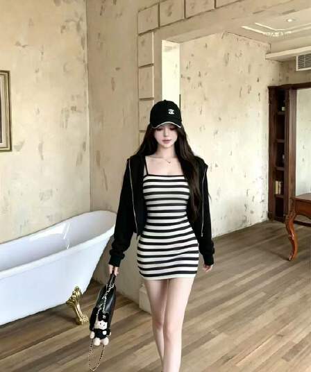 새로운 한국 스타일 패션 캐주얼 오픈 가디건 순수한 욕망 바람 핫걸 스트라이프 니트 드레스 투피스 세트