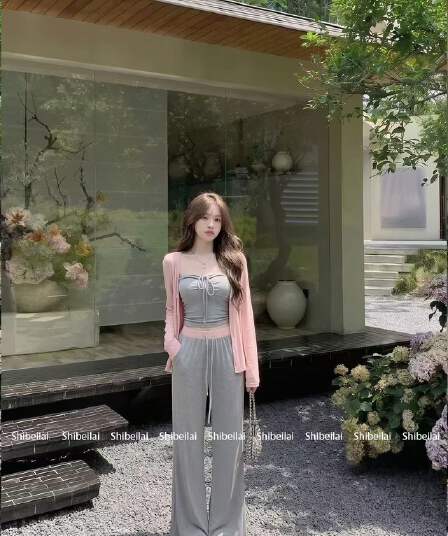 새로운 패션 느긋한 센스 얇고 가벼운 오픈 가디건 펌프 로프 튜브탑 허리밴드 슬림해 보이는 캐주얼 바지 3 세트