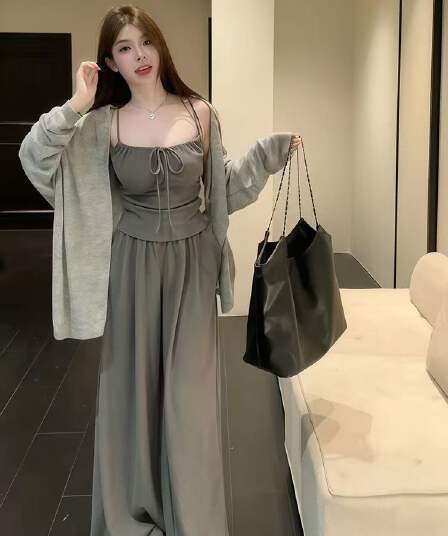 새로운 한 부서 패션 캐주얼 스웨터 코트 주름 슬립 허리밴드 와이드 레그 팬츠 3 세트