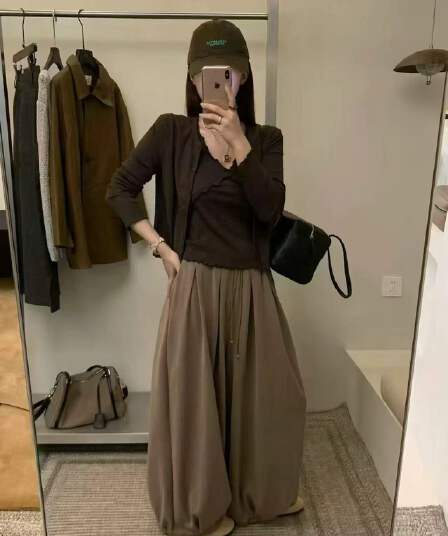 새로운 한 부서 익스트림 제인 바람 슬림해 보이는 스택 착용 오픈 가디건 프릴 슬립 허리밴드 캐주얼 바지 3 세트