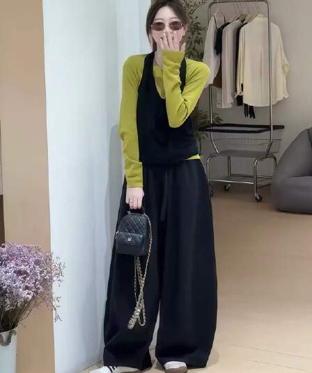 새로운 한 부서 연령 감소 행침 목 니트 조끼 기본 셔츠 허리밴드 와이드 레그 팬츠 3 세트